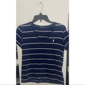 Blue and white striped short sleeve Polo